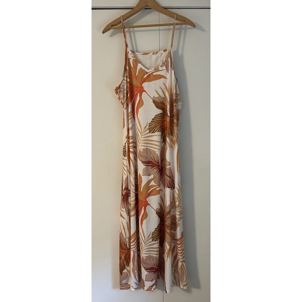 Tropical Leaf Print Maxi Dress Orange Brown White V-Neck Spaghetti Strap XXL
